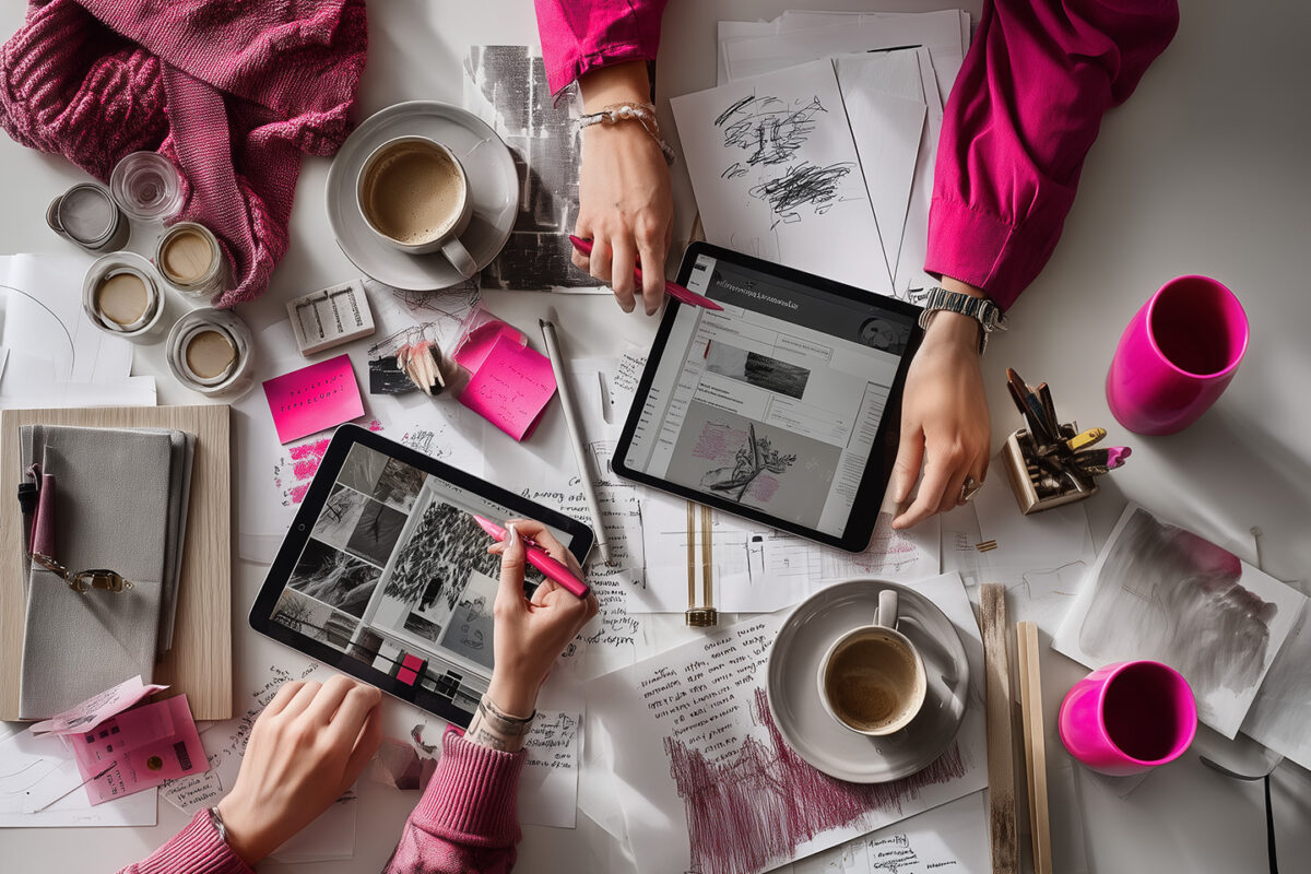 Zwei Designerinnen arbeiten gemeinsam im Branding-Prozess: kreative Zusammenarbeit mit Skizzen, Tablets, Farbmustern und Kaffeepause.
