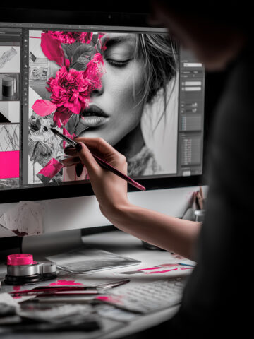 Digitale Collage im Branding-Prozess: Hand bearbeitetes Porträt mit floralen Elementen – Verbindung aus Kunst, Strategie und Design.