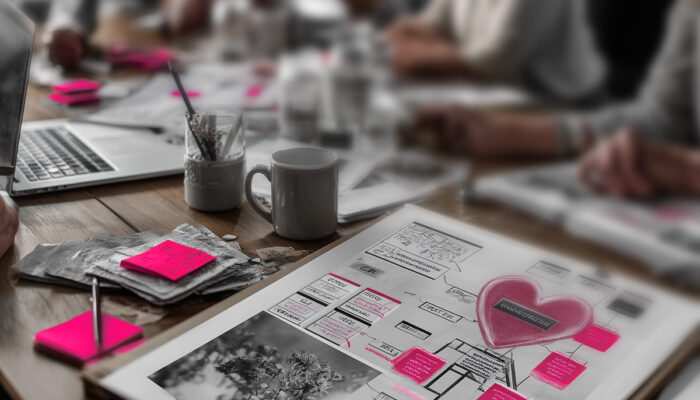 branding-workshop-markenstrategie-herz Strategieworkshop mit Fokus auf Markenwerte: Teilnehmer:innen entwickeln eine human-centered Markenstrategie mit Herzsymbol und Moodboard.