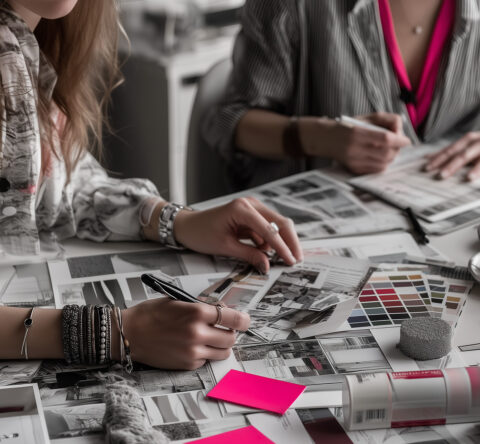Zwei Frauen arbeiten gemeinsam an einem Marken-Moodboard mit Farbfächern und Designkonzepten auf einem Tisch.