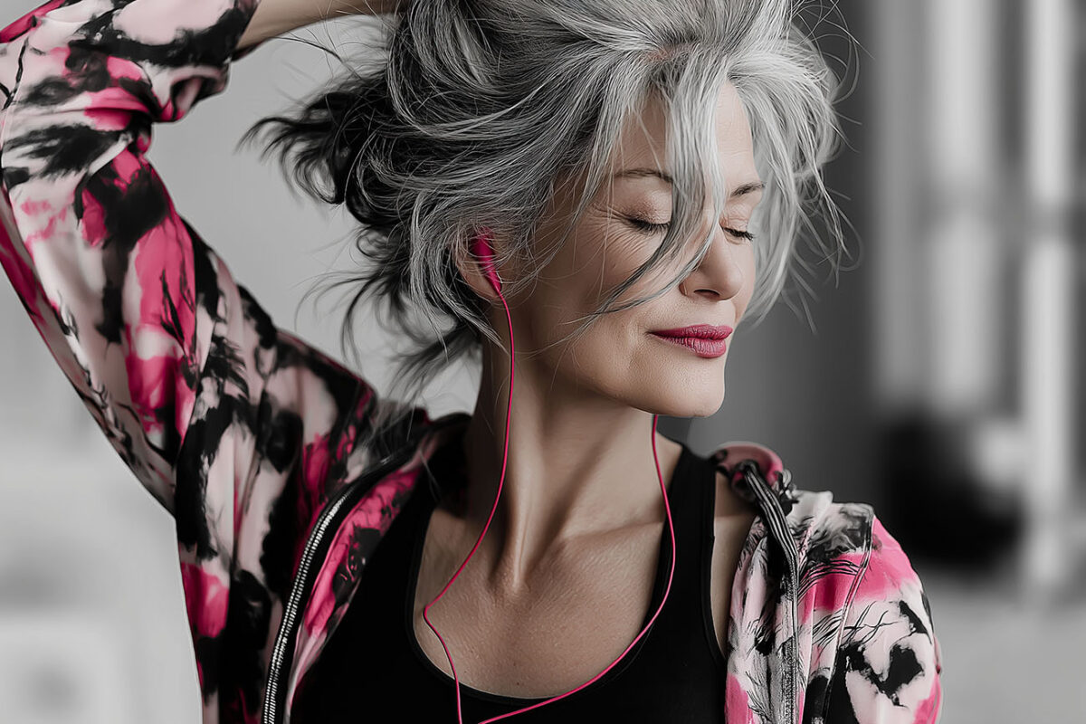 Frau mit grauen Haaren hört entspannt Musik über pinke Kopfhörer, trägt eine pink-schwarze Jacke und lächelt mit geschlossenen Augen.