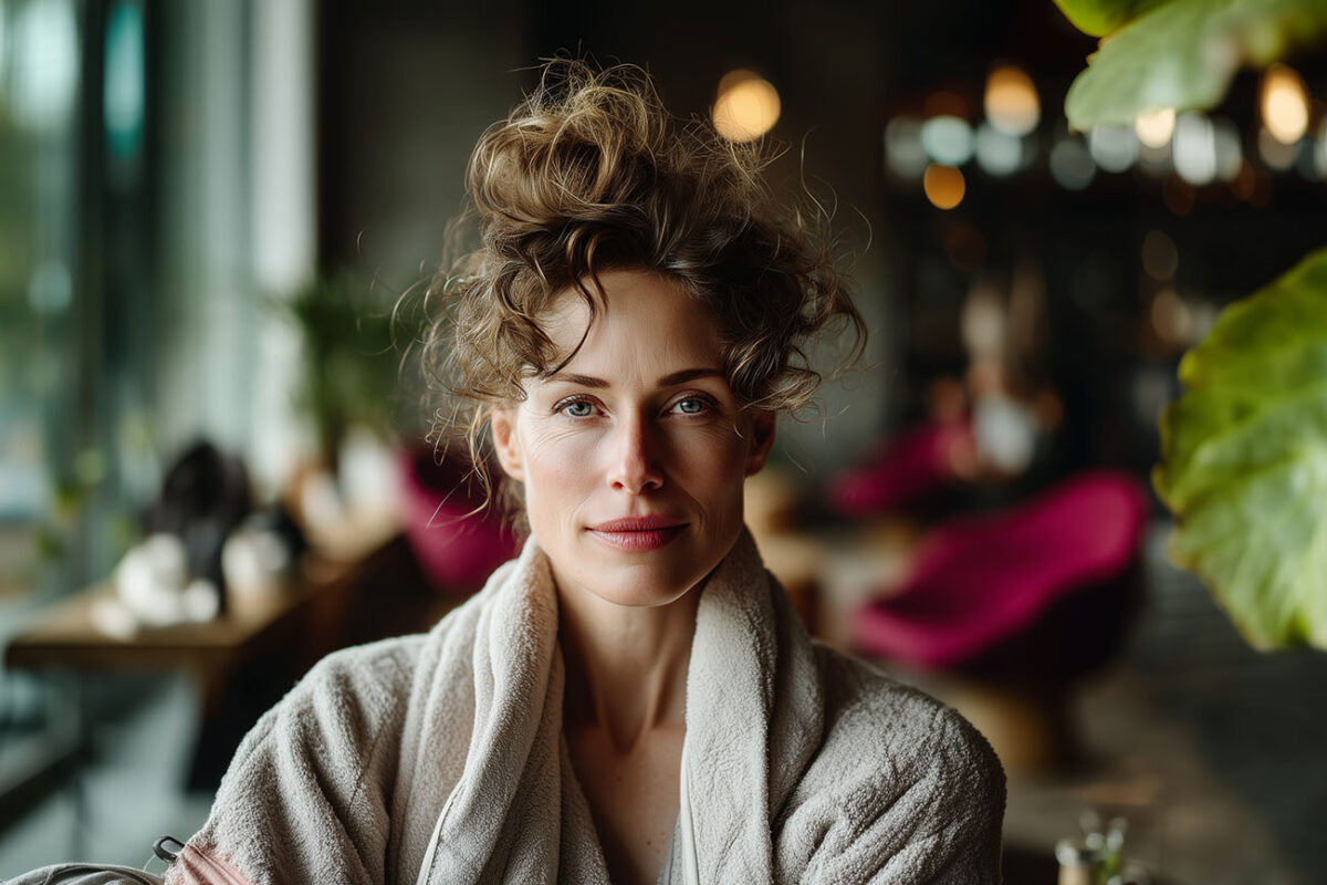 Porträt einer Frau in ruhiger Innenraumatmosphäre, natürliche Beleuchtung, direkter Blick in die Kamera