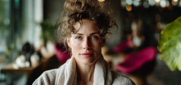 Porträt einer Frau in ruhiger Innenraumatmosphäre, natürliche Beleuchtung, direkter Blick in die Kamera