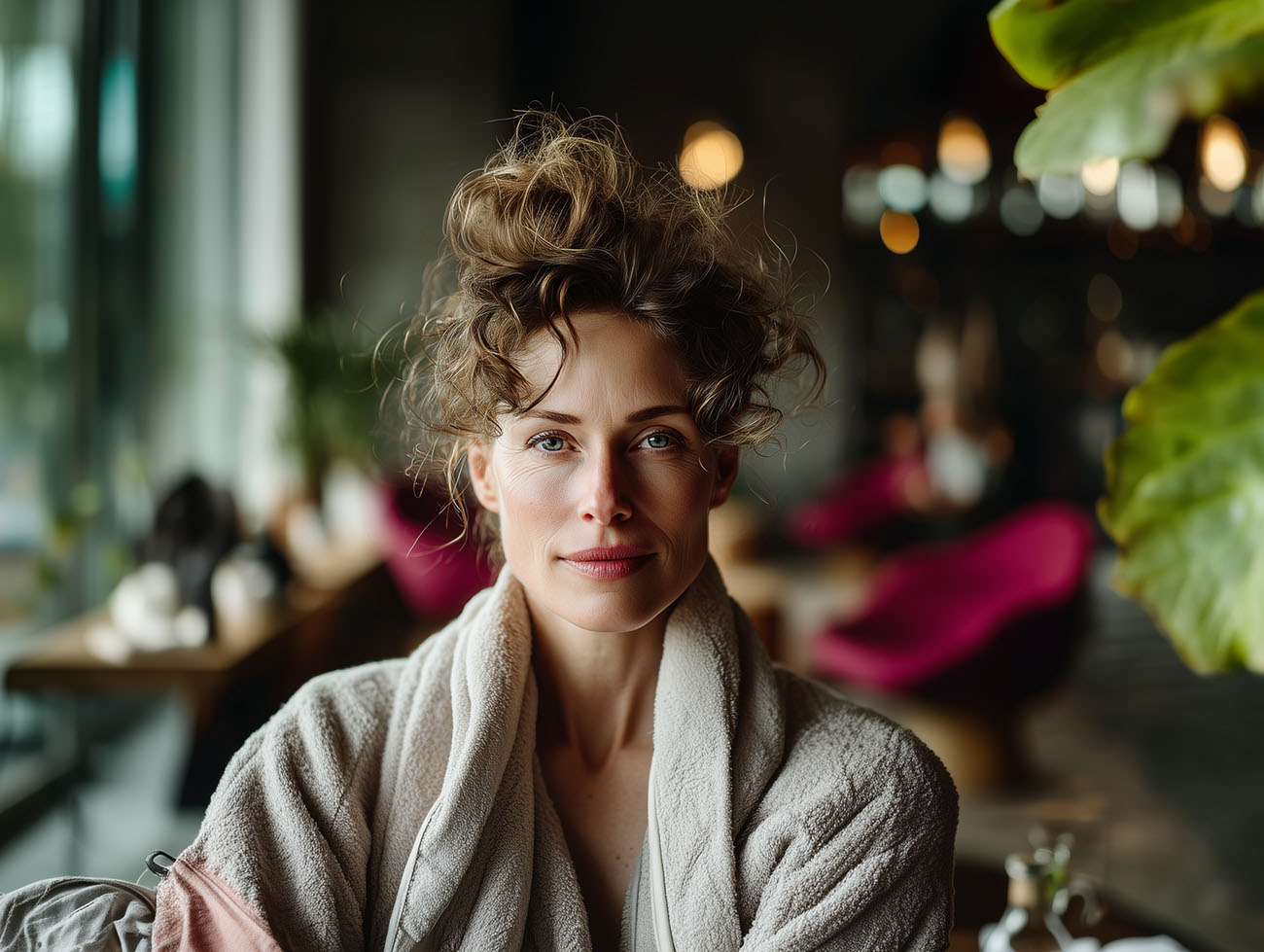 Porträt einer Frau in ruhiger Innenraumatmosphäre, natürliche Beleuchtung, direkter Blick in die Kamera