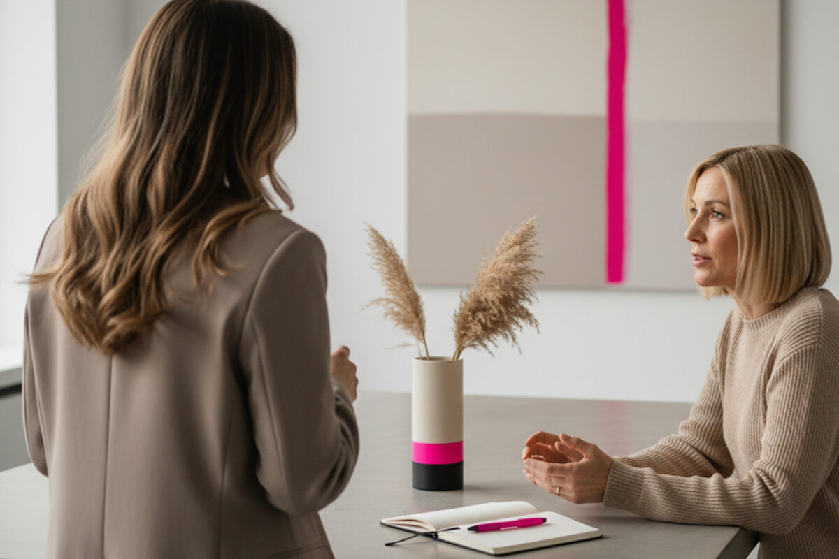 Zwei Frauen in einem modernen Studio im Gespräch, dezente Beige- und Taupetöne mit Akzenten in Neonmagenta, symbolisch für strategisches Markenbranding.