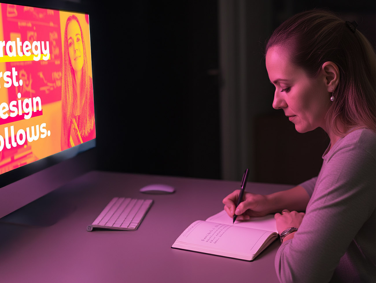 Frau sitzt an einem Schreibtisch und schreibt in ein Notizbuch, während auf einem Computerbildschirm ein farbintensives Branding-Motiv mit dem Text ‚Strategy first. Design follows.‘ angezeigt wird; Szene mit pink-violettem Licht.