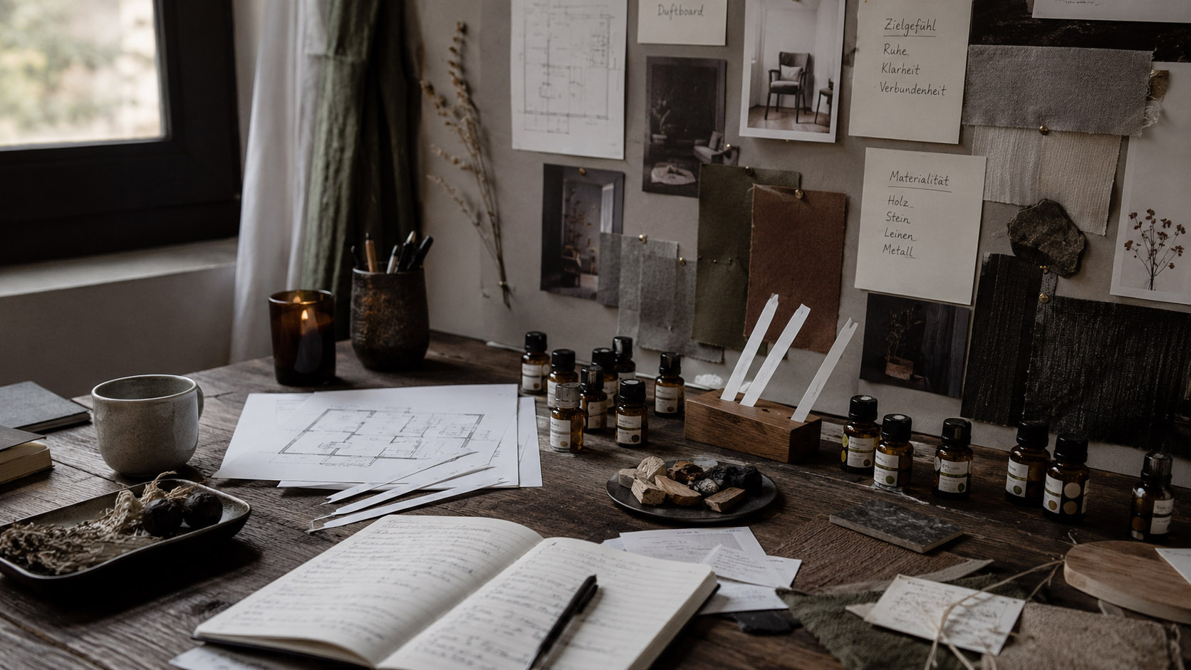 Arbeitstisch mit Duftstreifen, Materialmustern und Notizen zur Entwicklung eines Studiodufts.